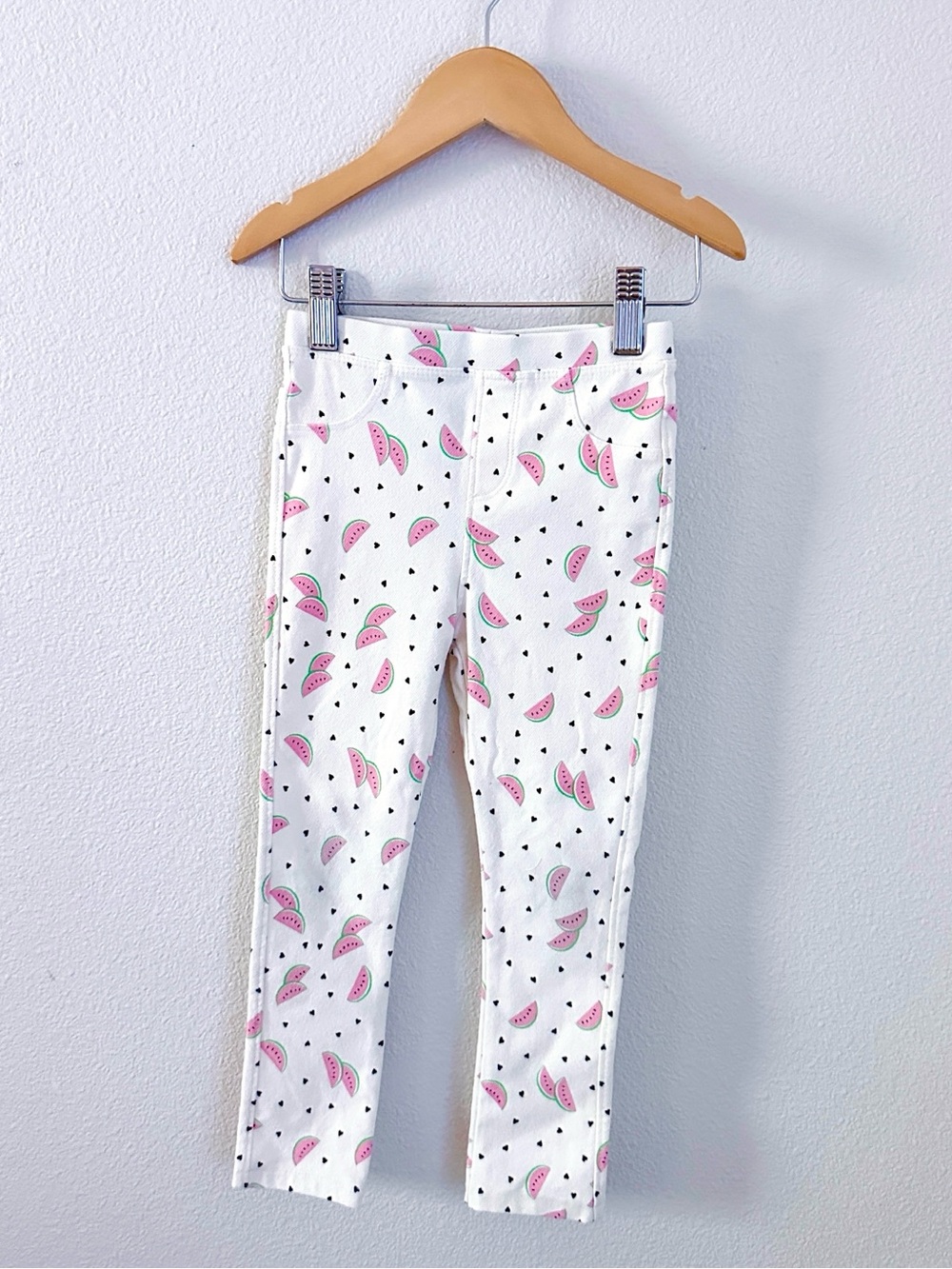 Zara Girls Cream Leggings with Pink Watermelon and Black Heart Print Size 4-5